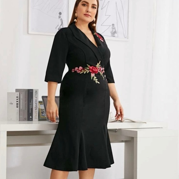 Plus Shawl Collar Embroidered Applique Fishtail Hem Dress - Picture 2 of 5